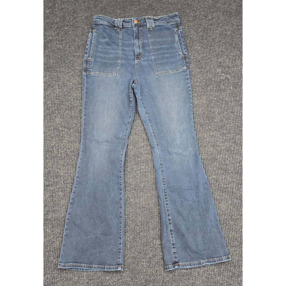 Pilcro and the Letterpress The Icon Flare Jeans Blue High Rise Patch Pocket 32